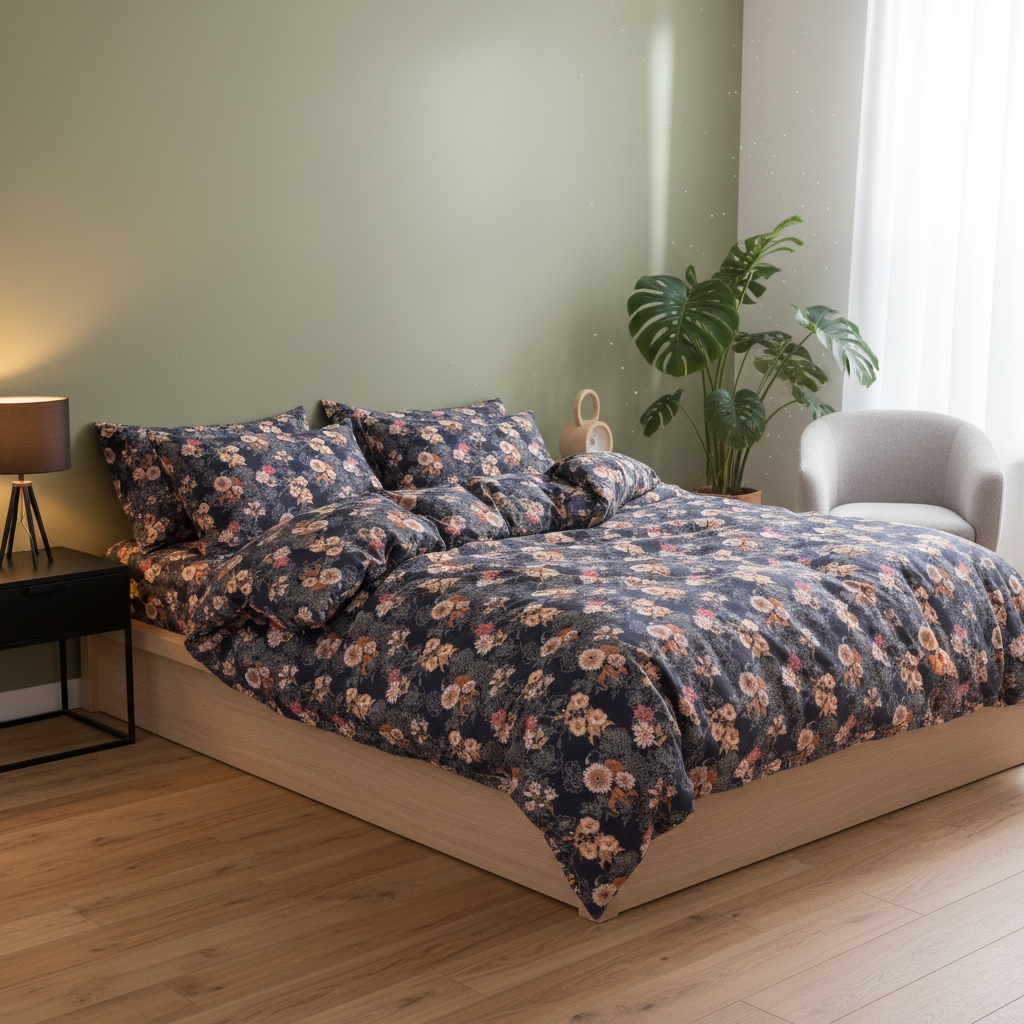 Floral patterned bedding set on a bed with a book on top.