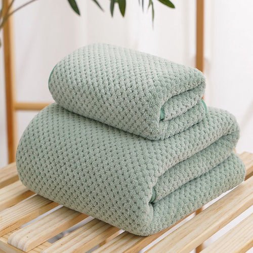 2 pcs Bath towels, fast dry coral towel set, Green - BusDeals