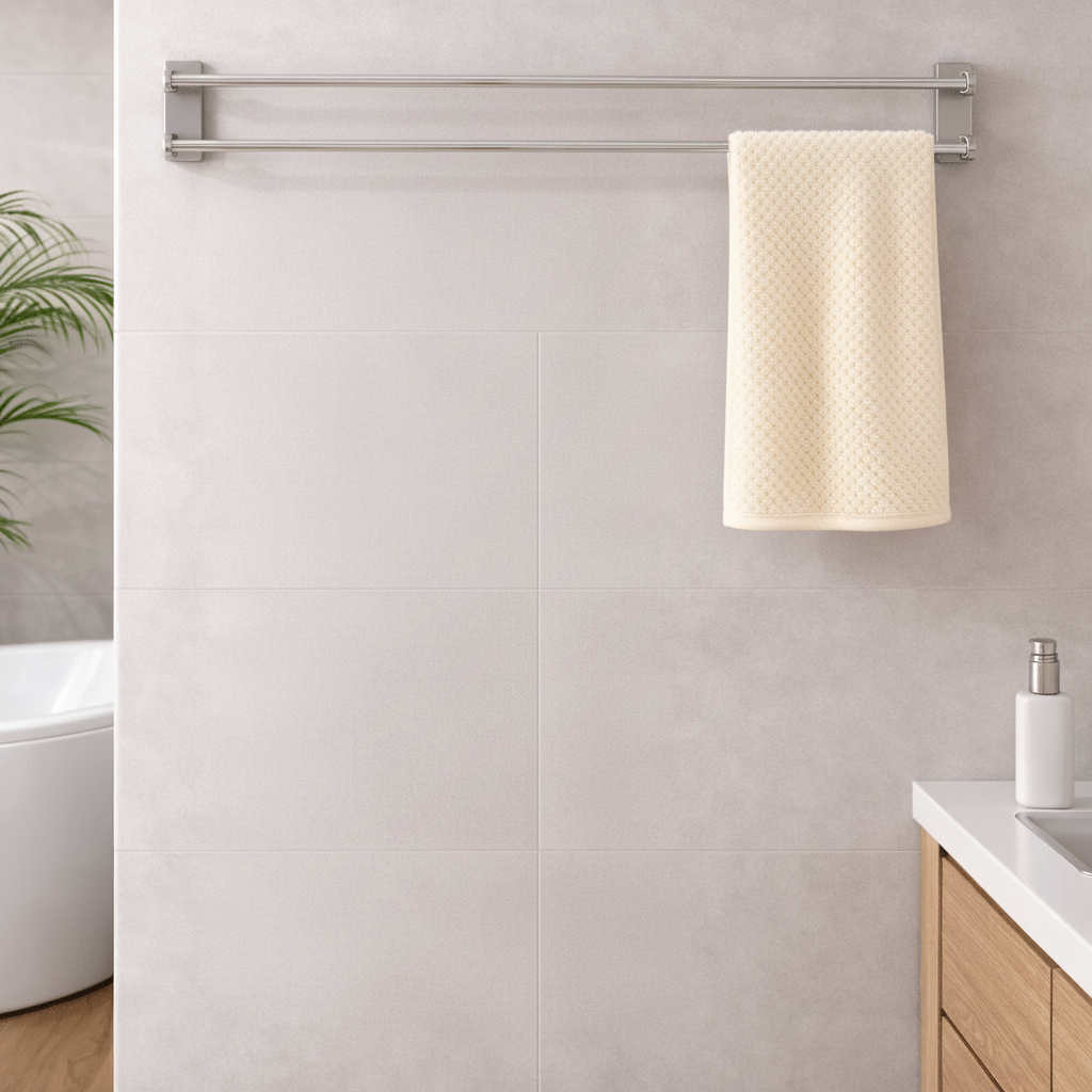 Bathroom with a towel hanging on a rack, a plant, and a sink.