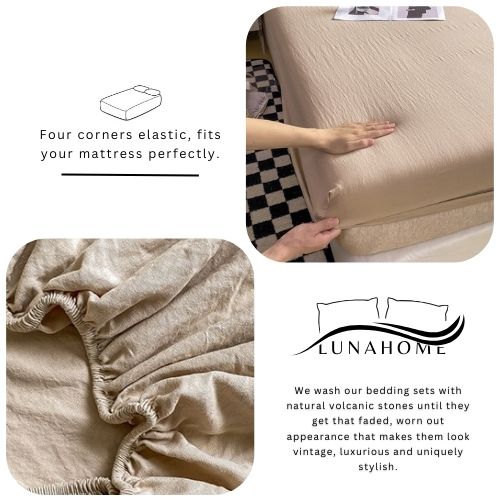 3 Pieces Fitted Bedsheet Set, Washable Cotton, Beige Color, Various Sizes. - BusDeals