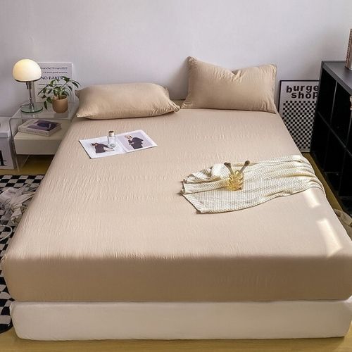 3 Pieces Fitted Bedsheet Set, Washable Cotton, Beige Color, Various Sizes. - BusDeals