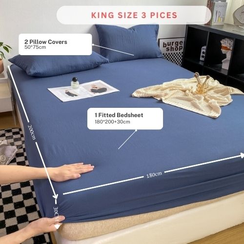3 Pieces Fitted Bedsheet Set, Washable Cotton, Blue Color, Various Sizes. - BusDeals