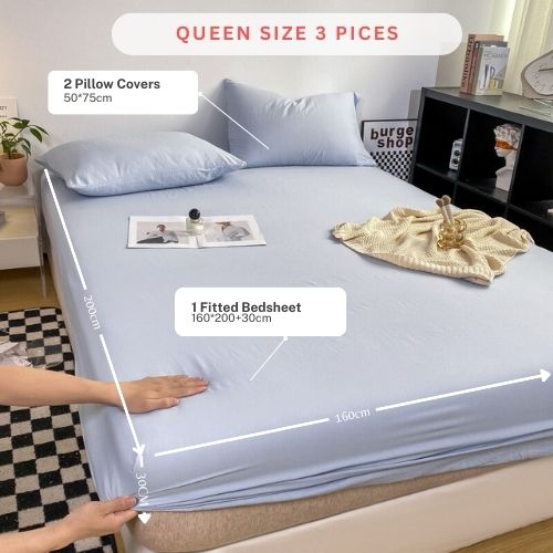 3 Pieces Fitted Bedsheet Set, Washable Cotton, Light Blue Color, Various Sizes. - BusDeals