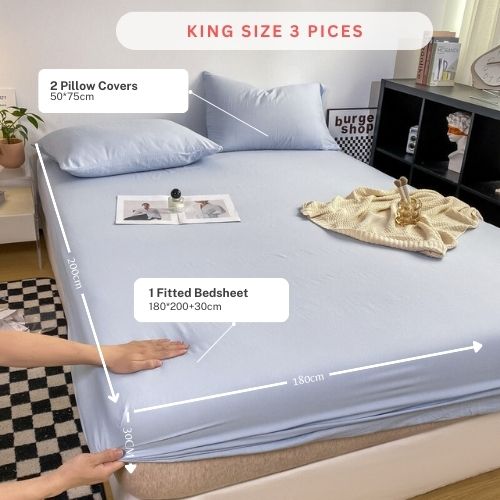 3 Pieces Fitted Bedsheet Set, Washable Cotton, Light Blue Color, Various Sizes. - BusDeals