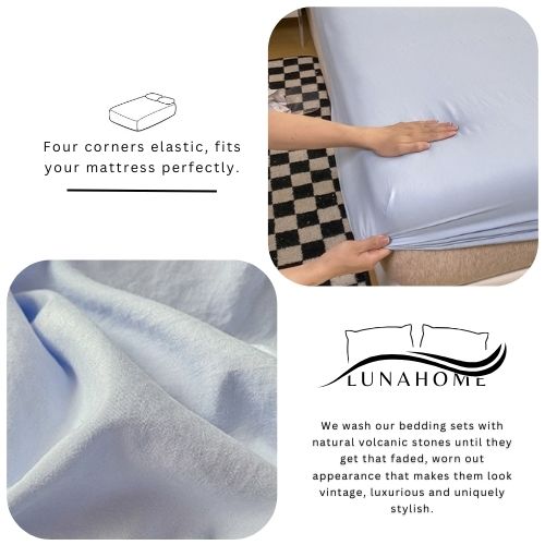 3 Pieces Fitted Bedsheet Set, Washable Cotton, Light Blue Color, Various Sizes. - BusDeals