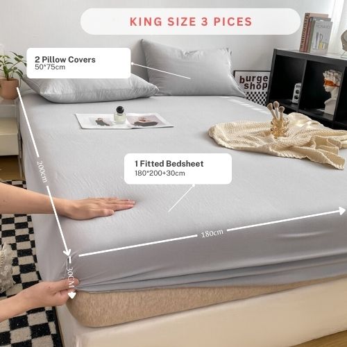 3 Pieces Fitted Bedsheet Set, Washable Cotton, Light Grey Color, Various Sizes. - BusDeals