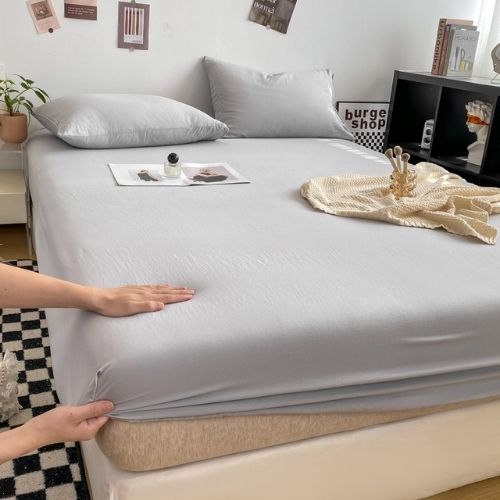 3 Pieces Fitted Bedsheet Set, Washable Cotton, Light Grey Color, Various Sizes. - BusDeals