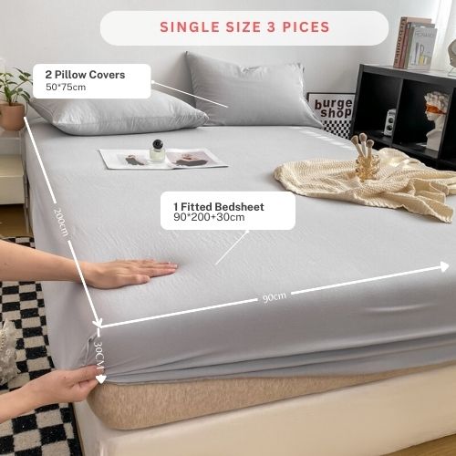 3 Pieces Fitted Bedsheet Set, Washable Cotton, Light Grey Color, Various Sizes. - BusDeals