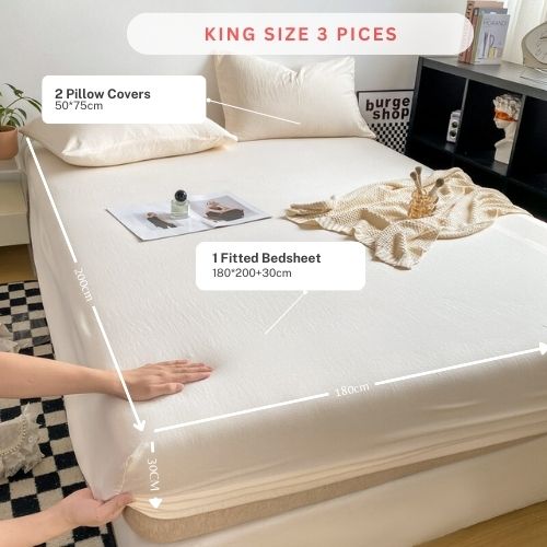 3 Pieces Fitted Bedsheet Set, Washable Cotton, Milky White Color, Various Sizes. - BusDeals