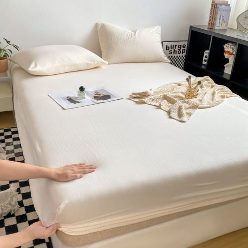 3 Pieces Fitted Bedsheet Set, Washable Cotton, Milky White Color, Various Sizes. - BusDeals