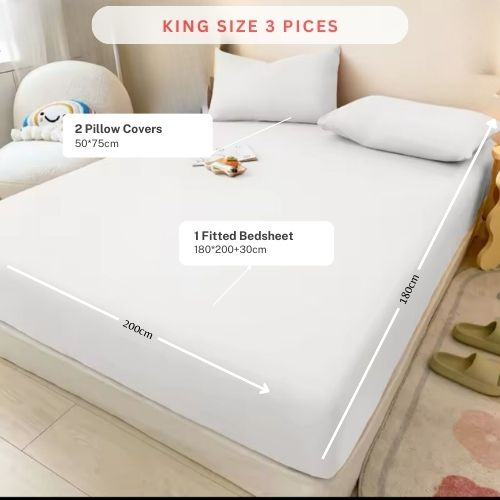3 Pieces Fitted Bedsheet Set, Washable Cotton, White Color,King Sizes. - BusDeals