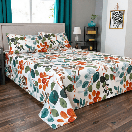 3 Pieces Flat Bedsheet Set, Green Leaves Design. - BusDeals