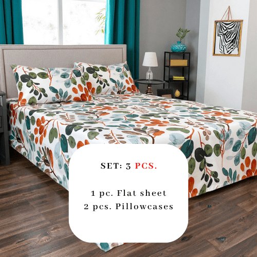 3 Pieces Flat Bedsheet Set, Green Leaves Design. - BusDeals