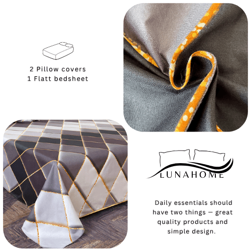3 Pieces Flat Bedsheet Set, Grey Rhombs Design. - BusDeals