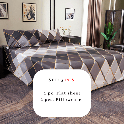 3 Pieces Flat Bedsheet Set, Grey Rhombs Design. - BusDeals
