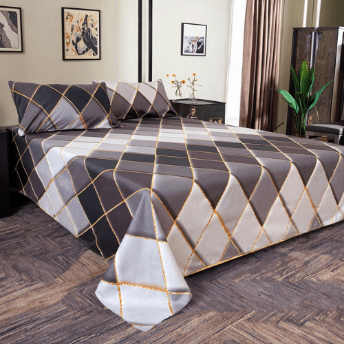 3 Pieces Flat Bedsheet Set, Grey Rhombs Design. - BusDeals