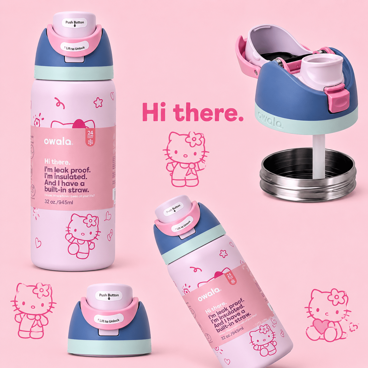 32 OZ. 945 ML Owala Hello Kitty FreeSlip Stainless Steel Vacuum InsulatedWater Bottle Pink - BusDeals