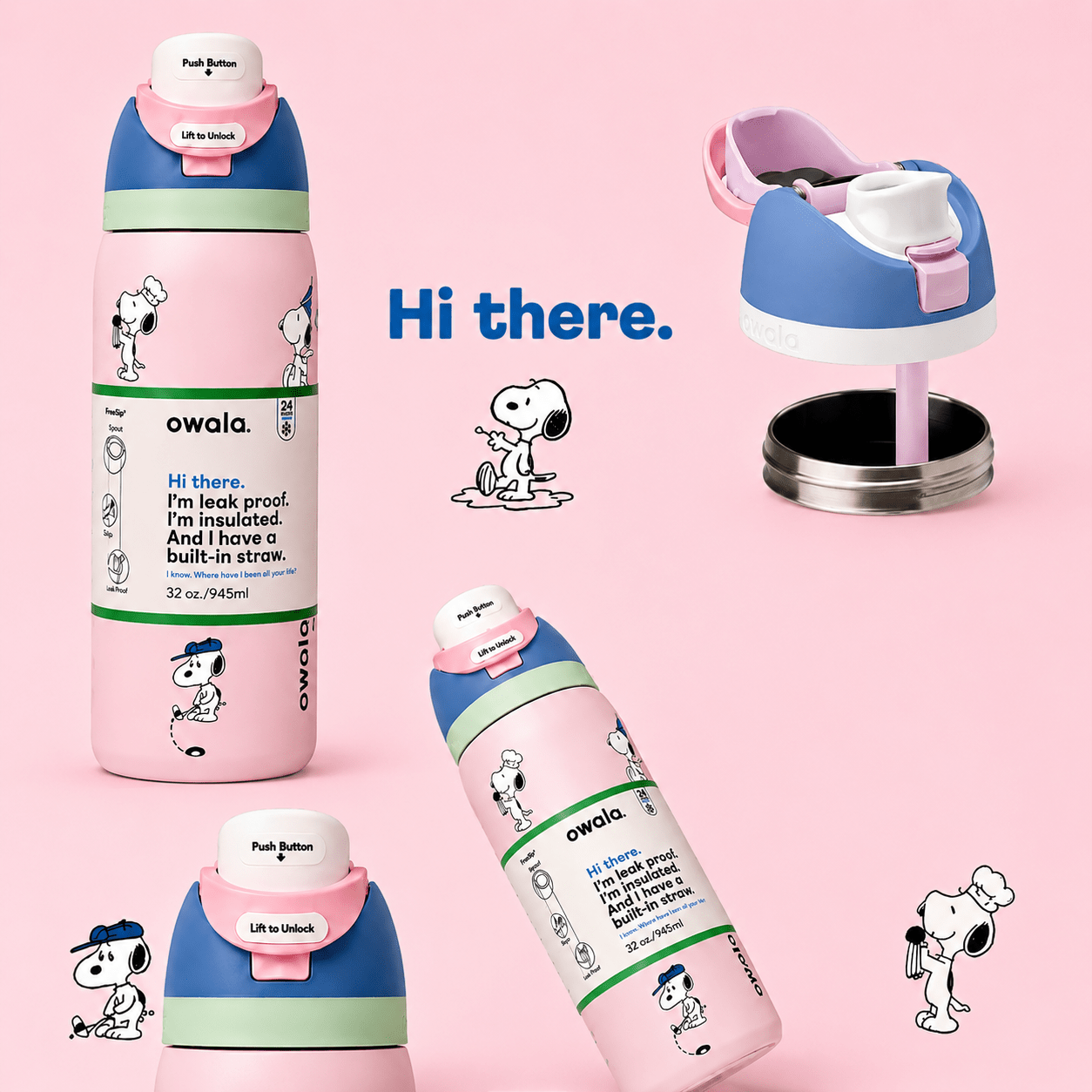 32 OZ. 945 ML Owala Snoopy FreeSlip Stainless Steel Vacuum Insulated Sports Water Bottle. Pink - BusDeals