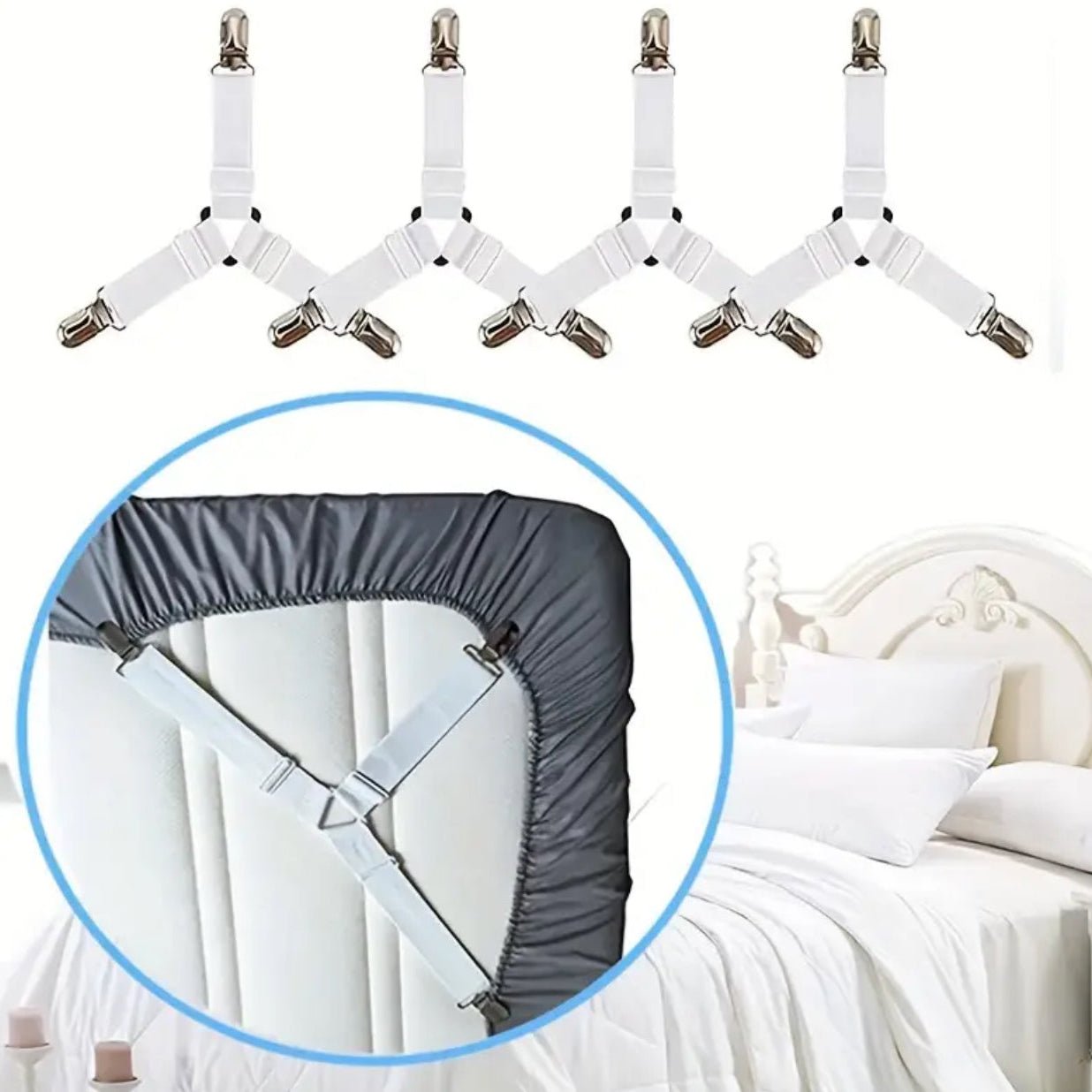 4 pieces Bed Sheet Holder Straps, White Color, Adjustable Elastic Bedsheet Holders For Fitted Sheets, Easy To Install. - BusDeals