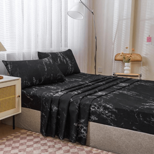 4 Pieces Bedsheet Set, Black Marble. - BusDeals