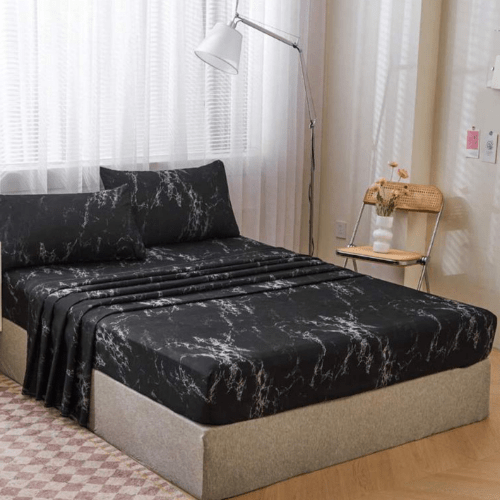 4 Pieces Bedsheet Set, Black Marble. - BusDeals