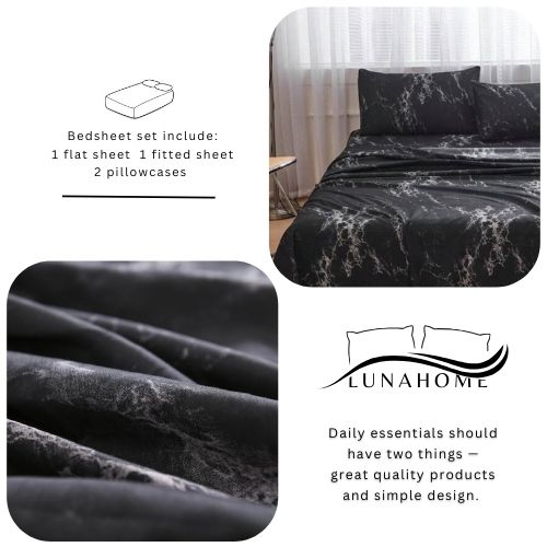 4 Pieces Bedsheet Set, Black Marble. - BusDeals