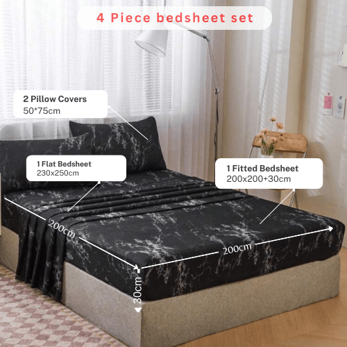 4 Pieces Bedsheet Set, Black Marble. - BusDeals