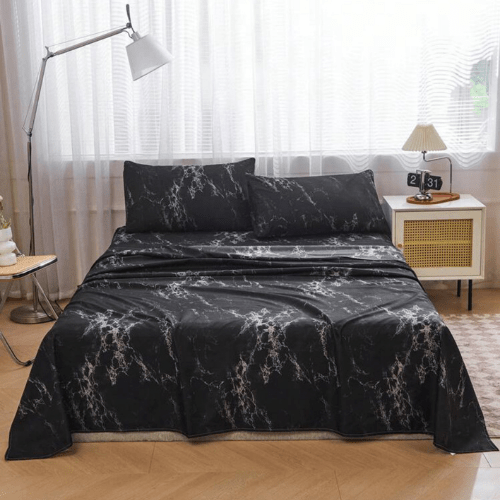 4 Pieces Bedsheet Set, Black Marble. - BusDeals