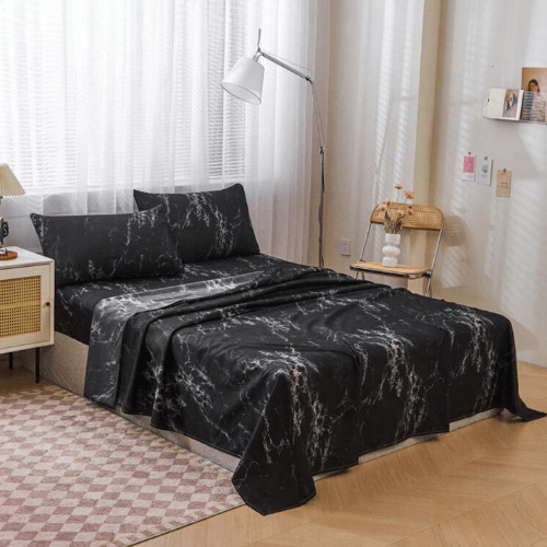 4 Pieces Bedsheet Set, Black Marble. - BusDeals
