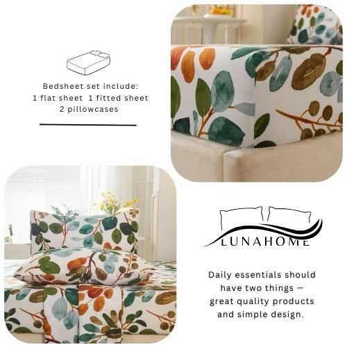 4 Pieces Bedsheet Set Leaves Design, Green. - BusDeals