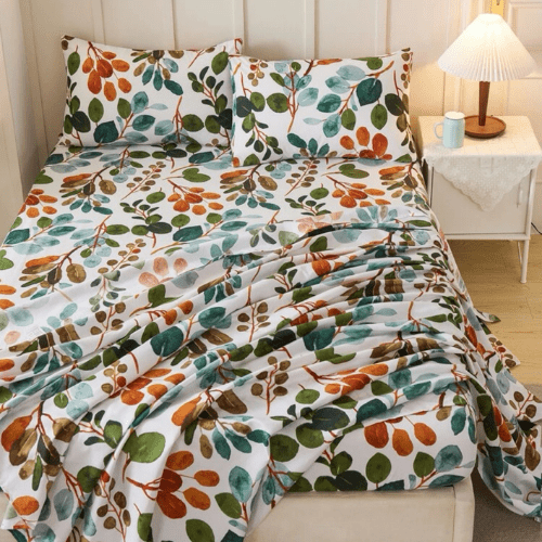 4 Pieces Bedsheet Set Leaves Design, Green. - BusDeals