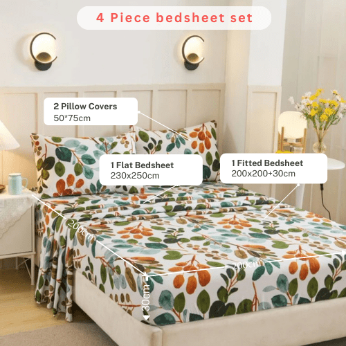 4 Pieces Bedsheet Set Leaves Design, Green. - BusDeals