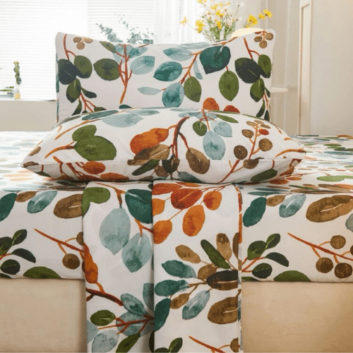 4 Pieces Bedsheet Set Leaves Design, Green. - BusDeals