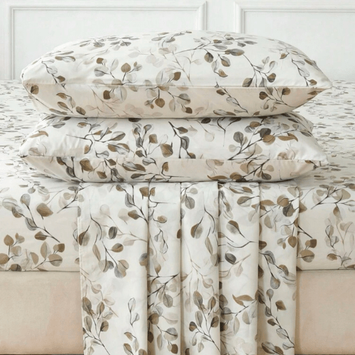 4 Pieces Bedsheet Set Leaves design, Grey. - BusDeals