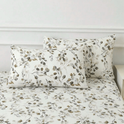 4 Pieces Bedsheet Set Leaves design, Grey. - BusDeals