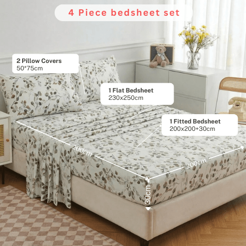 4 Pieces Bedsheet Set Leaves design, Grey. - BusDeals