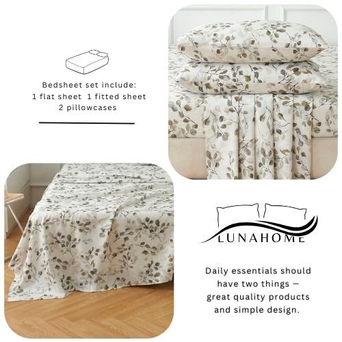 4 Pieces Bedsheet Set Leaves design, Grey. - BusDeals