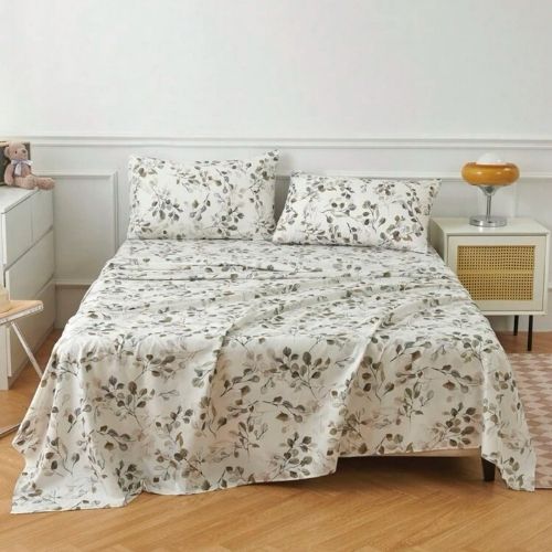 4 Pieces Bedsheet Set Leaves design, Grey. - BusDeals