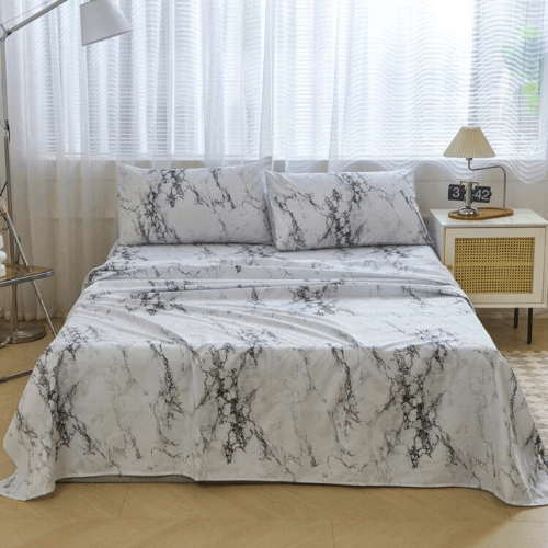 4 Pieces Bedsheet Set, White Marble. - BusDeals