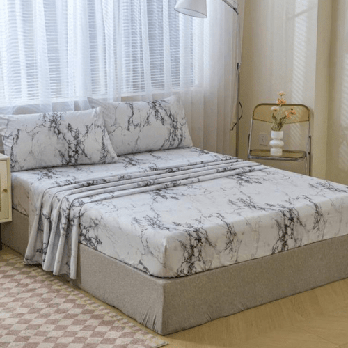4 Pieces Bedsheet Set, White Marble. - BusDeals