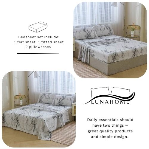 4 Pieces Bedsheet Set, White Marble. - BusDeals