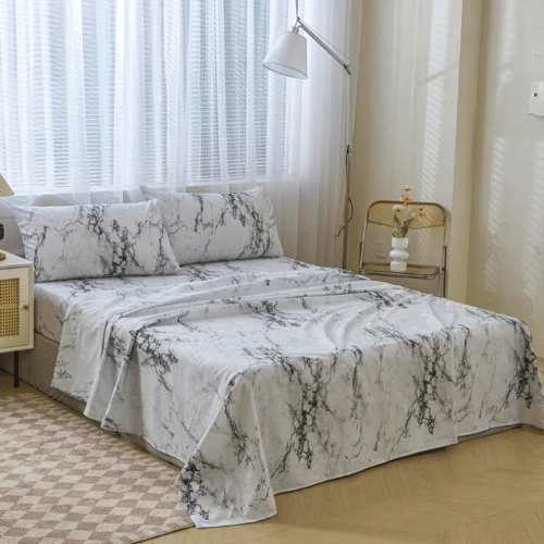 4 Pieces Bedsheet Set, White Marble. - BusDeals