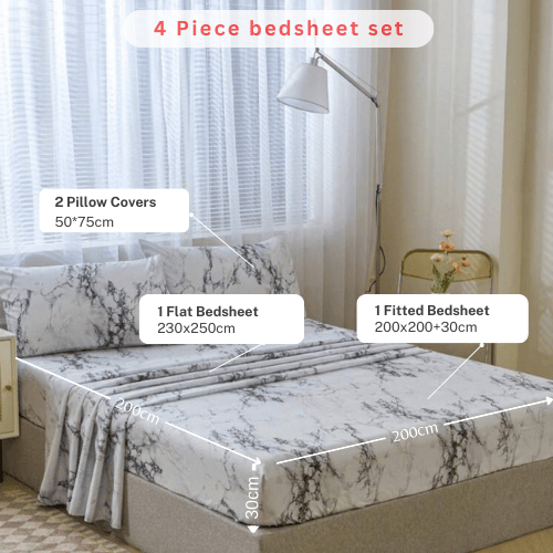 4 Pieces Bedsheet Set, White Marble. - BusDeals