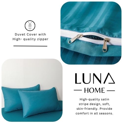 Premium 6 Piece King Size Duvet Cover Satin Stripe Solid Ocean Blue, BusDeals Today