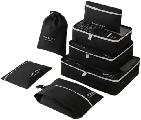7pcs Travel Packing Cubes Set Lightweight Luggage Organizers, Black - BusDeals