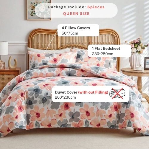 Queen size 6 piece duvet cover set pink and gray floral print., BusDeals.Today
