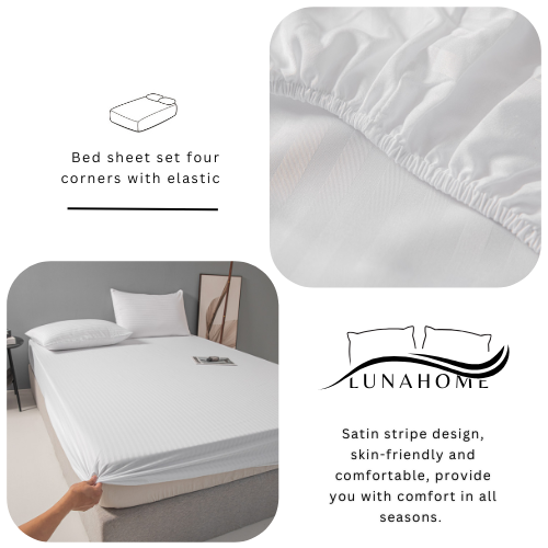 Single Size 3 Piece Set, Bedsheet with 2 Pillow Cases, White Color, Satin Striped Design.