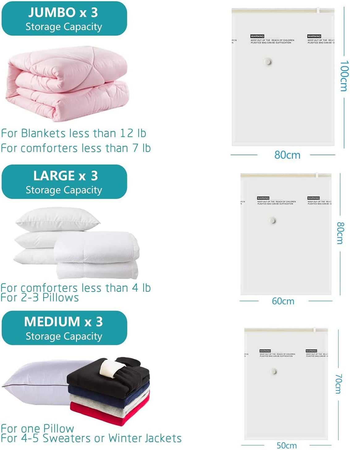 9pcs Vacuum Storage 3 Large, 3 Medium, 3 Small Bag with Free Pump for Clothes Space Saver Compressed Bags. - BusDeals