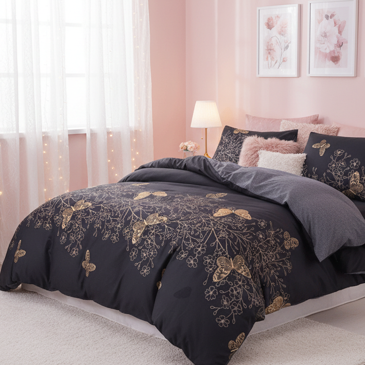 Bedroom with dark floral comforter and pink walls unite arab emirates