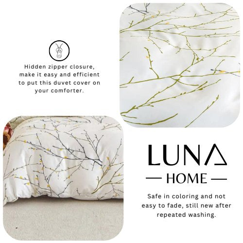 Queen Size 6 Pieces Twigs Print Duvet Cover Set, Beige color.